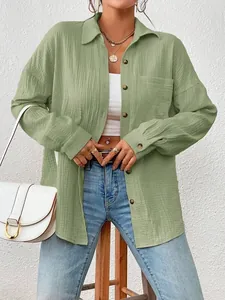 Casual green button-down shirt for women with drop shoulder and textured gauze fabric