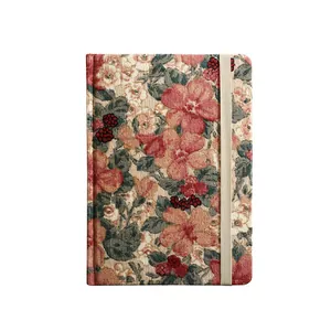 Vintage A5 corduroy floral print notebook with elastic band closure on white background