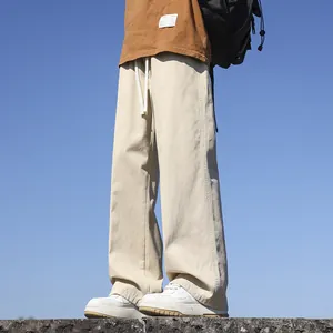Men's 100% Cotton Casual Pants Washed Loose Straight Leg Drawstring Trousers Japanese Retro Wide Leg Fashion Pants For Men