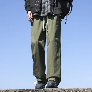 Men's loose straight-leg cotton casual pants in olive green with white drawstring waist