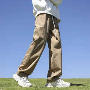 Comfortable men's loose straight-leg pure cotton casual pants in khaki for outdoor wear