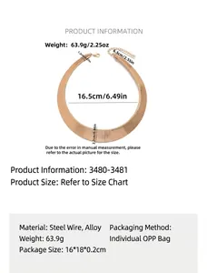 Detailed size specifications for gold snake chain collar necklace with measurements.