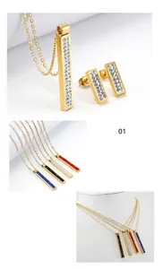18K gold plated stainless steel bar necklace and earrings set with colorful crystals