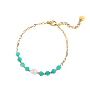 Detail of 18K gold plated bracelet with amazonite beads and natural pearl element