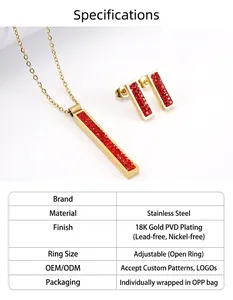 Red crystal rectangular pendant necklace and earrings set in 18K gold plated steel