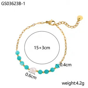 Macro detail of Amazonite beaded bracelet featuring 18K gold plated chain and pearl.