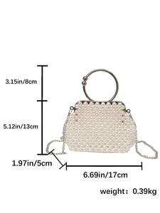 Detailed dimensions and weight specifications of the handmade woven pearl handbag with metal handle.
