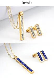 Detailed view of the gold-plated stainless steel necklace and earrings set with stones.