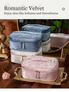 Detail of velvet starry makeup bags with gold zippers on an elegant gold tray