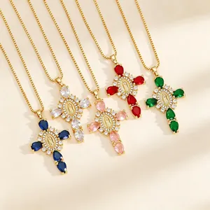 Detailed view of colorful zircon cross necklaces featuring religious Virgin Mary pendants