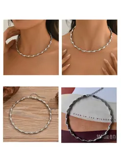 Detailed macro view of twisted silver wavy choker necklace on model and flat lay