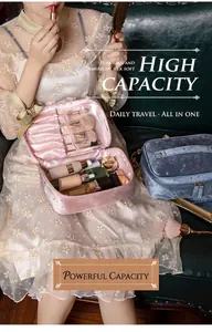Detail of open pink velvet makeup bag showing high capacity and brush slots