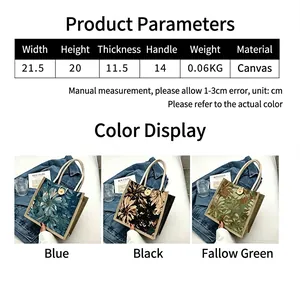 Detailed size chart and color options for women's floral canvas tote bag