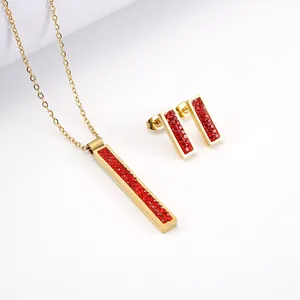 Fashion 18K Gold Plated Stainless Steel Jewelry Set For Women Geometric Rhinestone Bar Pendant Necklace And Stud Earrings