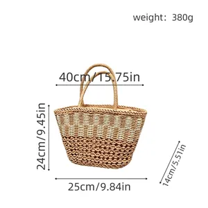 Handwoven straw beach tote bag dimensions 40x24x14cm, lightweight 380g vacation bag.