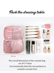 Detail view of pink flannel makeup bag showing 24x17x10cm dimensions and capacity