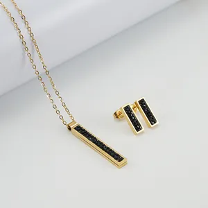 Elegant 18K gold plated stainless steel jewelry set with black crystal bar pendant