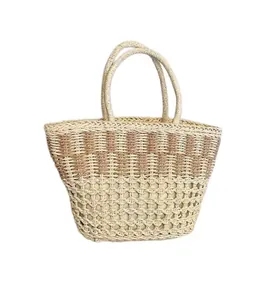 Woven straw beach tote bag with striped pattern and dual handles in beige color