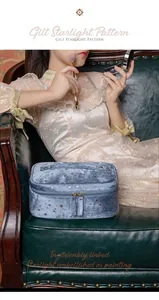 Detail of blue velvet cosmetic bag with gold starlight pattern in a vintage setting