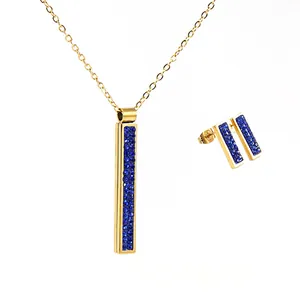 Elegant 18K gold plated stainless steel jewelry set with blue crystal bar pendant