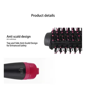 Detailed view of professional hot air brush featuring anti-scald design and settings.