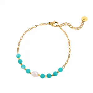 Amazonite beaded bracelet with 18K gold plated stainless steel chain and natural pearl