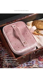 Close-up of a pink velvet starry sky makeup storage bag inside a vintage travel suitcase