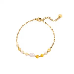 Elegant 18K PVD gold plated stainless steel chain bracelet with natural stones and pearl