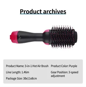 Detailed specifications of 3-in-1 hot air brush with 1.46m cable and 3 heat settings.