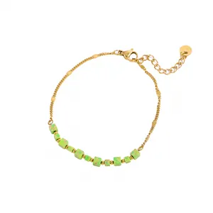 Elegant 18K gold plated stainless steel bracelet featuring green amazonite cube beads