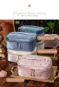 Detailed view of luxury velvet makeup bags with gold star patterns in three colors.