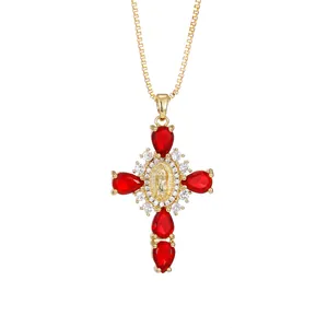 Gold cross necklace with red pear-shaped zircon stones and central religious icon