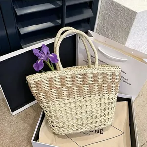 Close-up detail of retro woven straw tote bag with large capacity for beach vacation