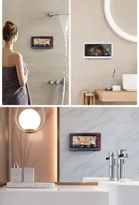 Soporte de pared impermeable para móvil mostrado en tres escenarios de baño profesionales