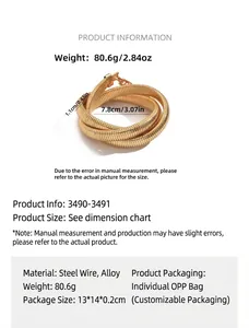 Macro detail of gold-tone coiled snake bone necklace showing size and weight specifications.