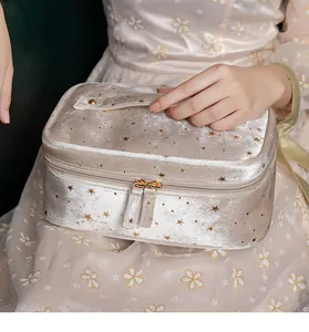 Close-up of a champagne velvet cosmetic bag featuring elegant gold star patterns.