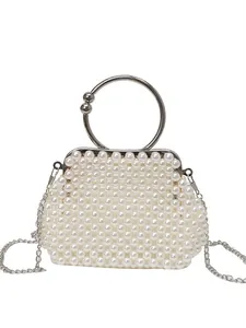 Elegant handmade white pearl handbag with silver ring handle and metal chain strap