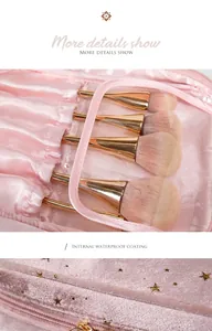 Detail of pink flannel makeup bag showing internal waterproof brush compartment