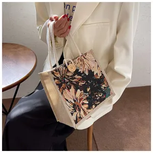Close-up of a fashionable floral tapestry handbag featuring durable rope handles and button
