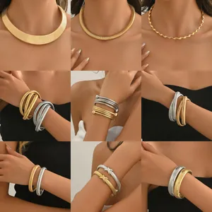 European American Simple Fashion Snake Bone Chain Choker Necklace Bracelet Set Exaggerated Alloy Electroplated Jewelry For Women