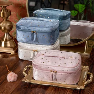 Nordic style large capacity starry velvet makeup organizer bag with gold star patterns