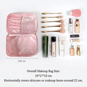 Large capacity pink flannel makeup organizer bag with starry sky pattern design