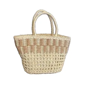 Large capacity retro style two-tone cream and tan woven straw tote bag for beach
