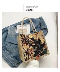 Detail of floral woven tote bag with rope handles and wooden button closure