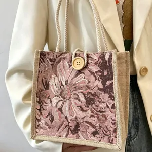 Vintage floral tapestry small tote bag with rope handles and wood button detail