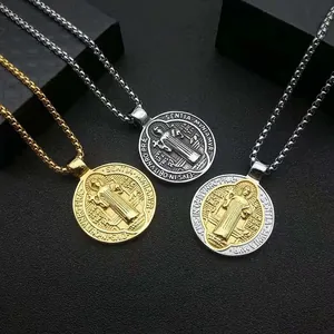 Vintage Punk St Benedict Medal Cross Pendant Necklace Stainless Steel Religious Exorcism Jewelry For Men Women