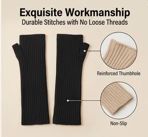 Detailed view of knitted fingerless arm sleeves with reinforced thumbhole