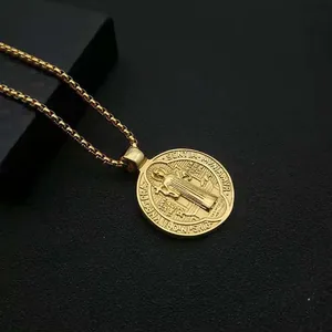 Vintage St. Benedict medal stainless steel exorcism pendant necklace in gold finish
