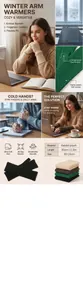 Detailed view of winter knit fingerless arm warmers with size and material specs