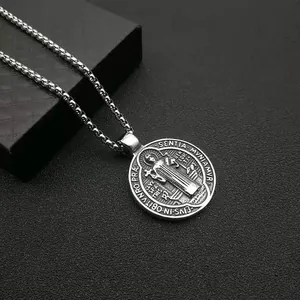 Vintage stainless steel St. Benedict exorcism medal pendant with sturdy box chain